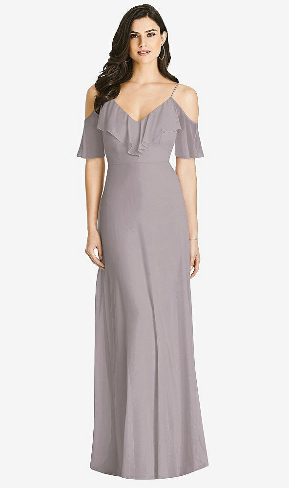 【STYLE: 3020】Ruffled Cold-Shoulder Chiffon Maxi Dress【COLOR: Cashmere Gray】