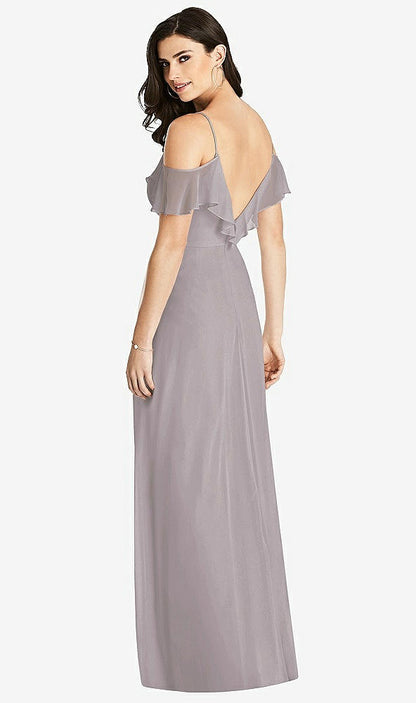 【STYLE: 3020】Ruffled Cold-Shoulder Chiffon Maxi Dress【COLOR: Cashmere Gray】