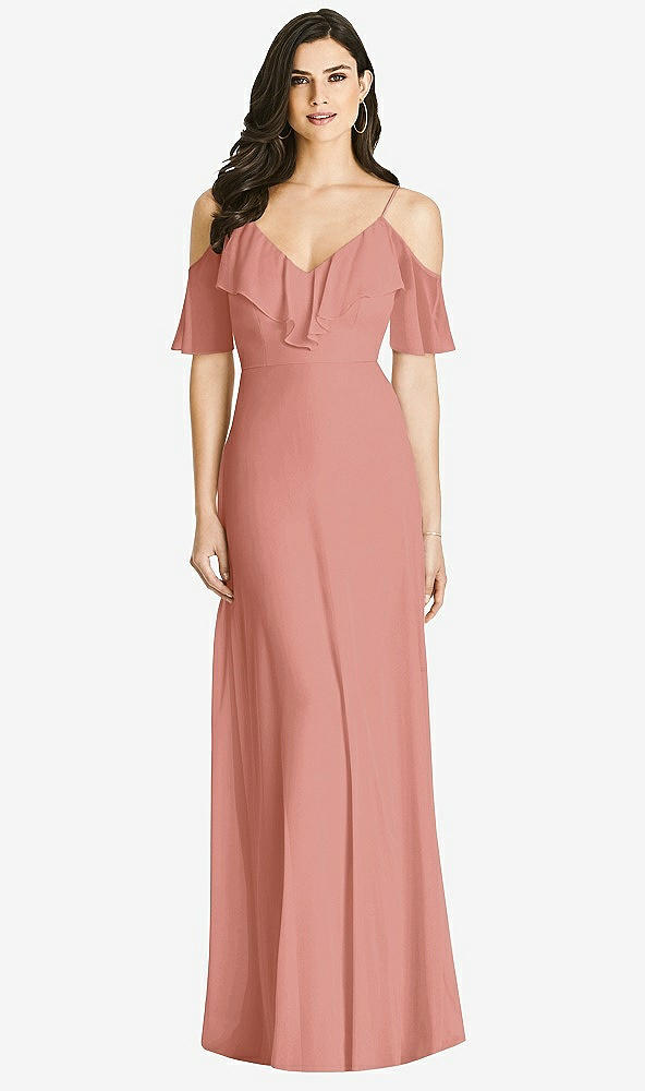 【STYLE: 3020】Ruffled Cold-Shoulder Chiffon Maxi Dress【COLOR: Desert Rose】