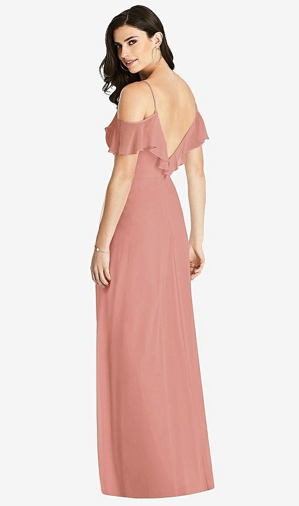 【STYLE: 3020】Ruffled Cold-Shoulder Chiffon Maxi Dress【COLOR: Desert Rose】