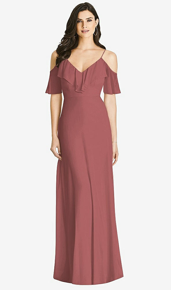 【STYLE: 3020】Ruffled Cold-Shoulder Chiffon Maxi Dress【COLOR: English Rose】