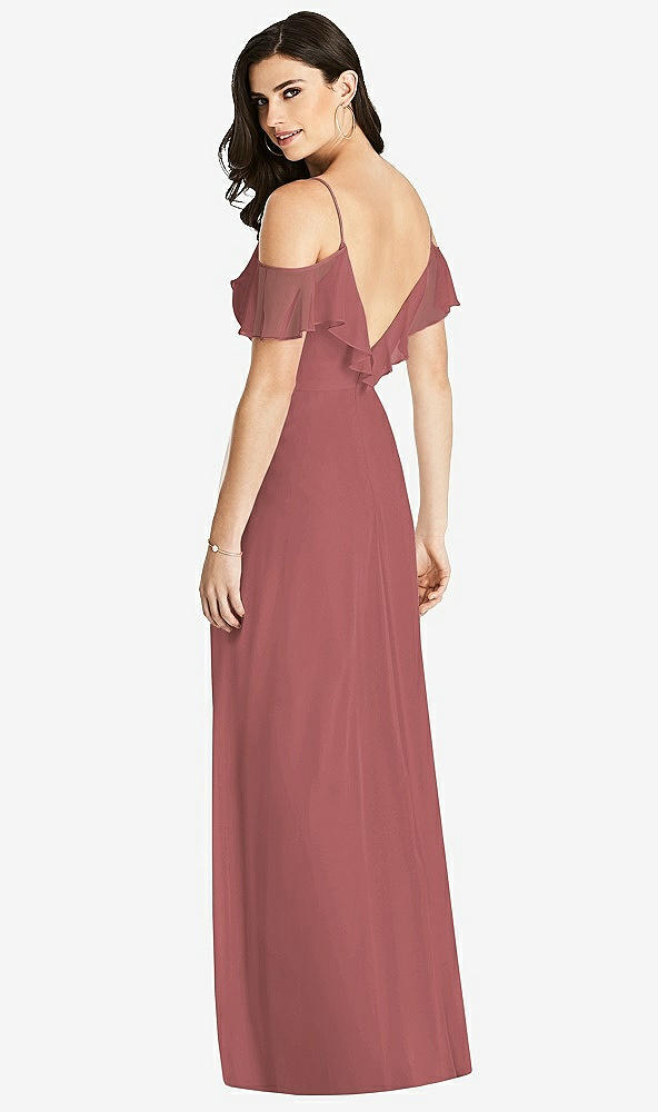 【STYLE: 3020】Ruffled Cold-Shoulder Chiffon Maxi Dress【COLOR: English Rose】