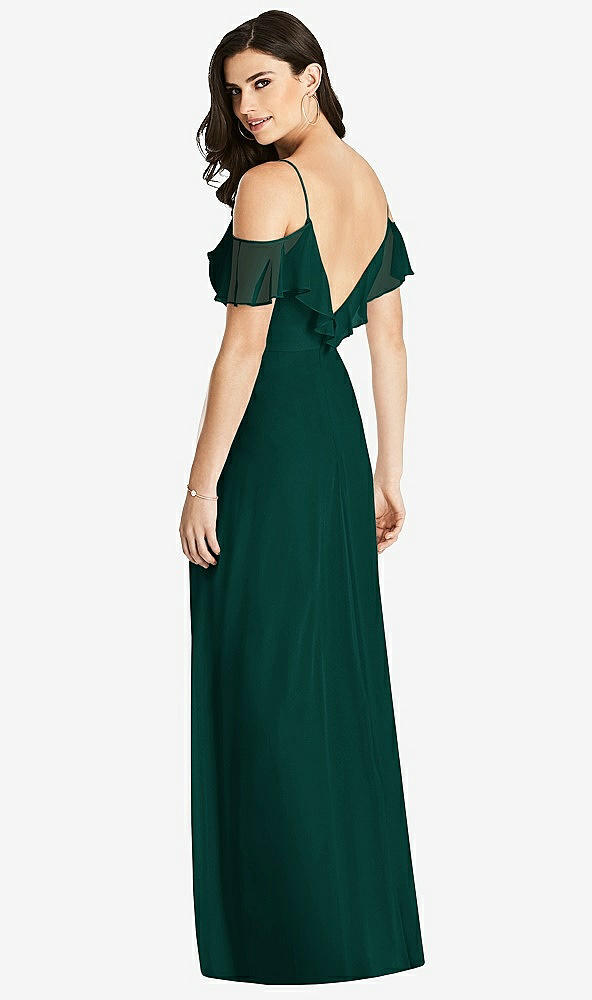 【STYLE: 3020】Ruffled Cold-Shoulder Chiffon Maxi Dress【COLOR: Evergreen】