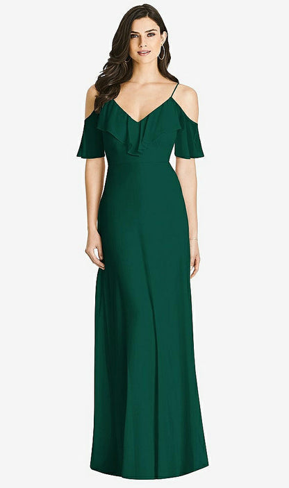 【STYLE: 3020】Ruffled Cold-Shoulder Chiffon Maxi Dress【COLOR: Hunter Green】