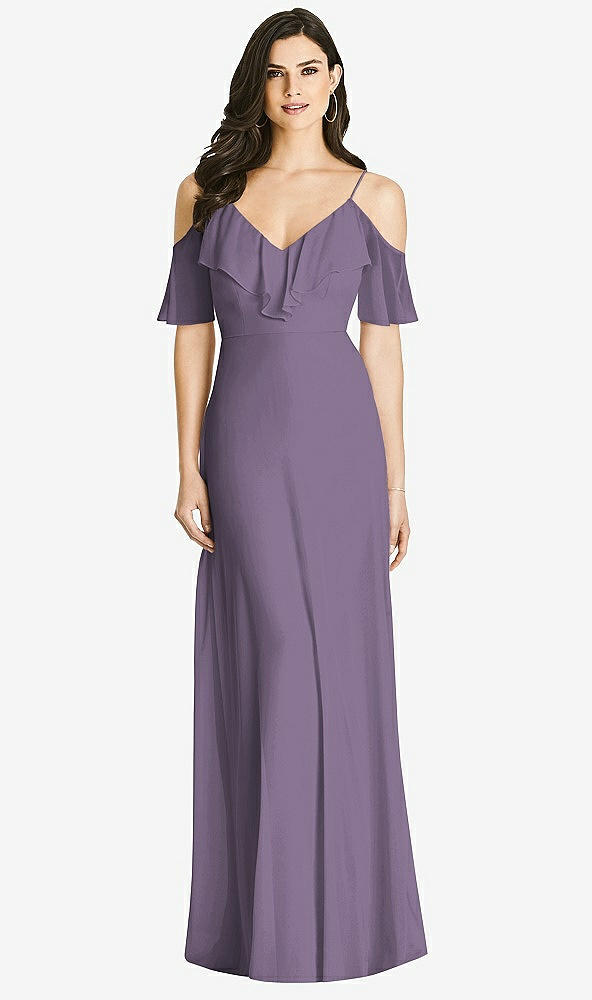 【NEW】【STYLE: 3020】フリル コールドショルダー シフォン マキシ ドレス【COLOR: Lavender】【SIZE: 00-30W】