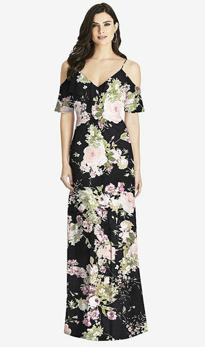 【NEW】【STYLE: 3020】フリル コールドショルダー シフォン マキシ ドレス【COLOR: Noir Garden】【SIZE: 00-30W】