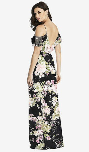 【NEW】【STYLE: 3020】フリル コールドショルダー シフォン マキシ ドレス【COLOR: Noir Garden】【SIZE: 00-30W】