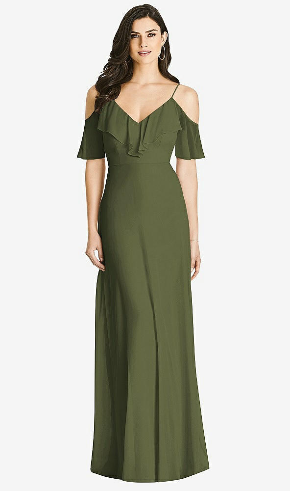 【STYLE: 3020】Ruffled Cold-Shoulder Chiffon Maxi Dress【COLOR: Olive Green】