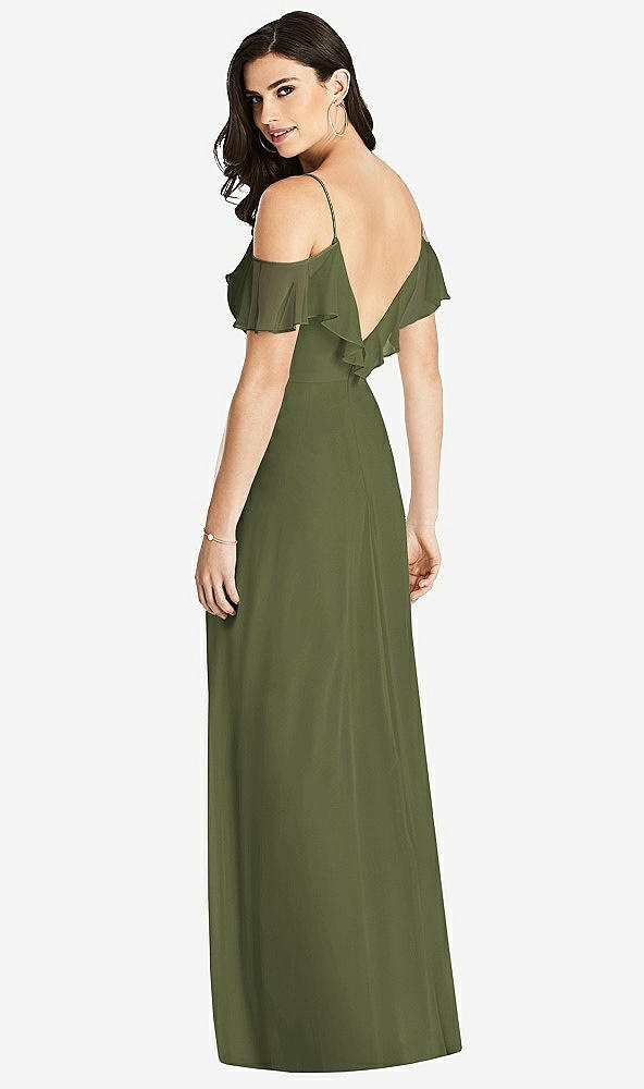 【STYLE: 3020】Ruffled Cold-Shoulder Chiffon Maxi Dress【COLOR: Olive Green】