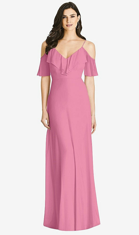【STYLE: 3020】Ruffled Cold-Shoulder Chiffon Maxi Dress【COLOR: Orchid Pink】