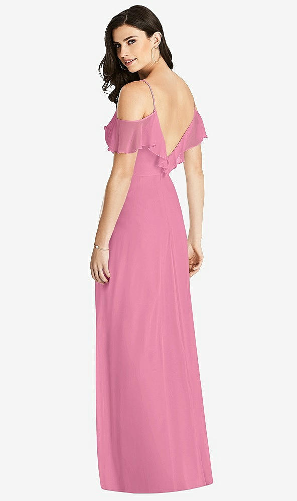 【STYLE: 3020】Ruffled Cold-Shoulder Chiffon Maxi Dress【COLOR: Orchid Pink】