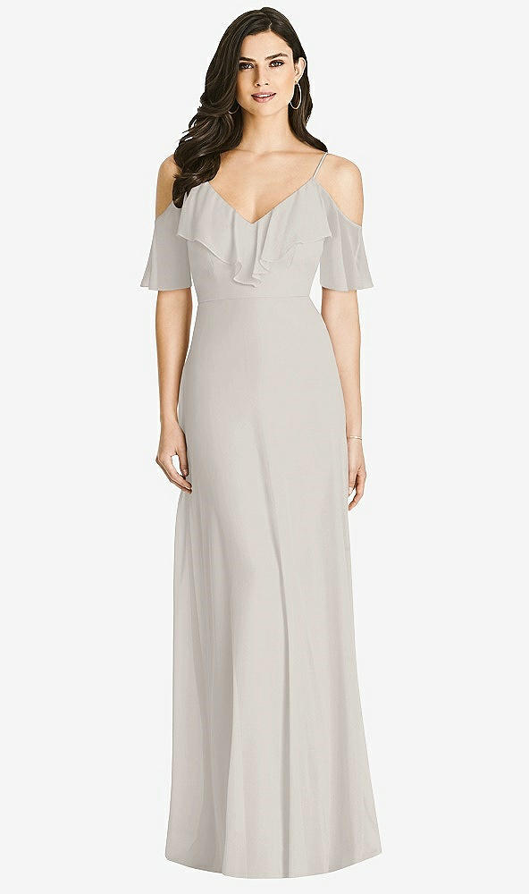 【STYLE: 3020】Ruffled Cold-Shoulder Chiffon Maxi Dress【COLOR: Oyster】