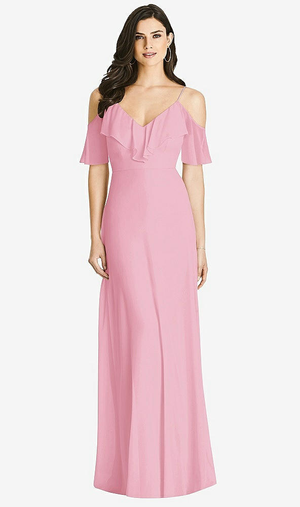 【STYLE: 3020】Ruffled Cold-Shoulder Chiffon Maxi Dress【COLOR: Peony Pink】
