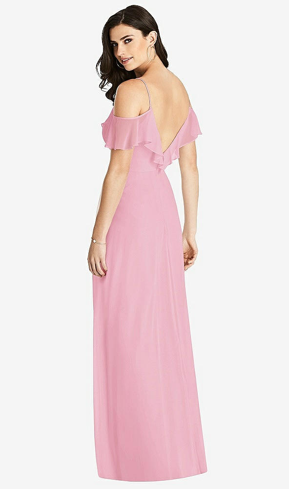 【STYLE: 3020】Ruffled Cold-Shoulder Chiffon Maxi Dress【COLOR: Peony Pink】