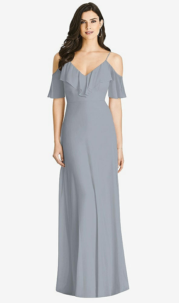 【STYLE: 3020】Ruffled Cold-Shoulder Chiffon Maxi Dress【COLOR: Platinum】