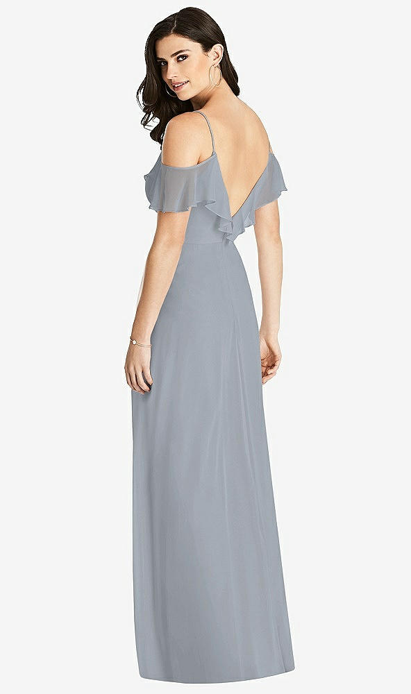 【STYLE: 3020】Ruffled Cold-Shoulder Chiffon Maxi Dress【COLOR: Platinum】