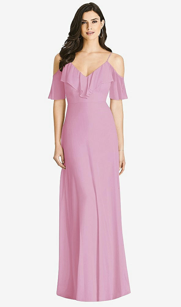 【STYLE: 3020】Ruffled Cold-Shoulder Chiffon Maxi Dress【COLOR: Powder Pink】