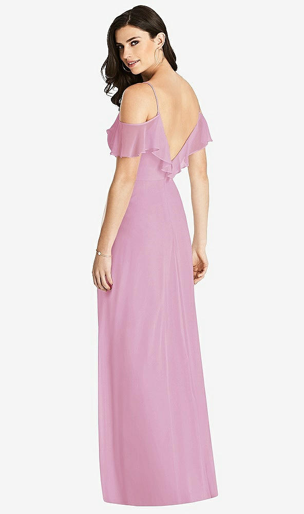 【STYLE: 3020】Ruffled Cold-Shoulder Chiffon Maxi Dress【COLOR: Powder Pink】