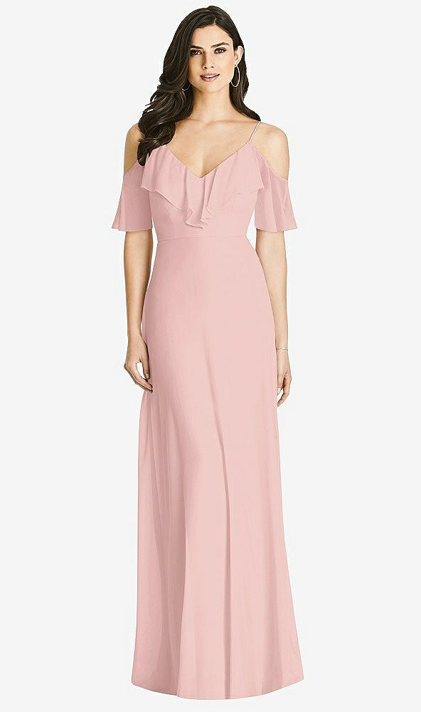 【STYLE: 3020】Ruffled Cold-Shoulder Chiffon Maxi Dress【COLOR: Rose - PANTONE Rose Quartz】