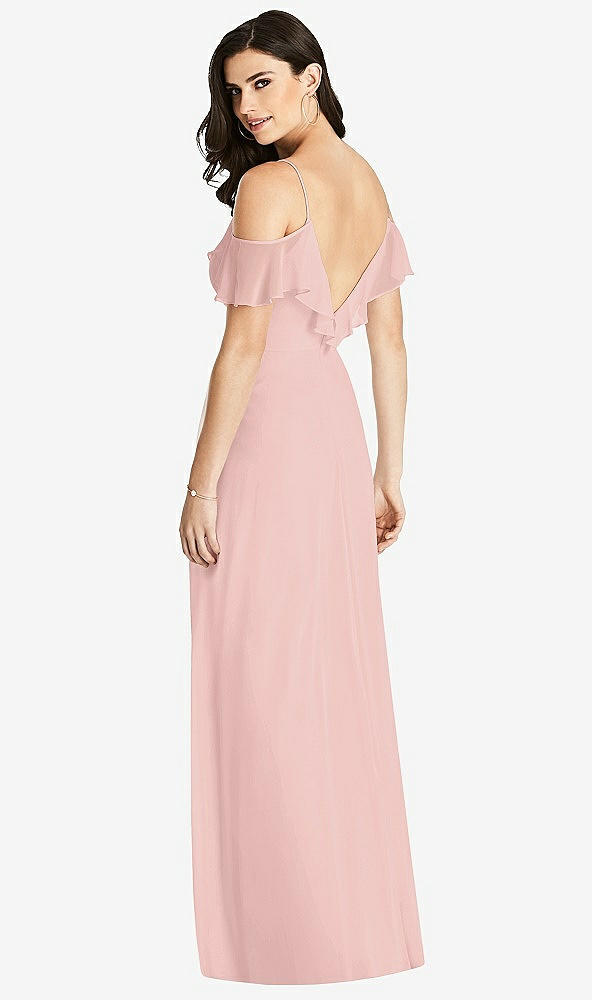【STYLE: 3020】Ruffled Cold-Shoulder Chiffon Maxi Dress【COLOR: Rose - PANTONE Rose Quartz】