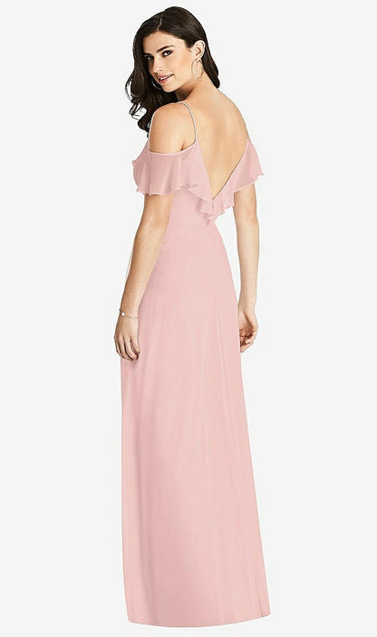 【STYLE: 3020】Ruffled Cold-Shoulder Chiffon Maxi Dress【COLOR: Rose - PANTONE Rose Quartz】