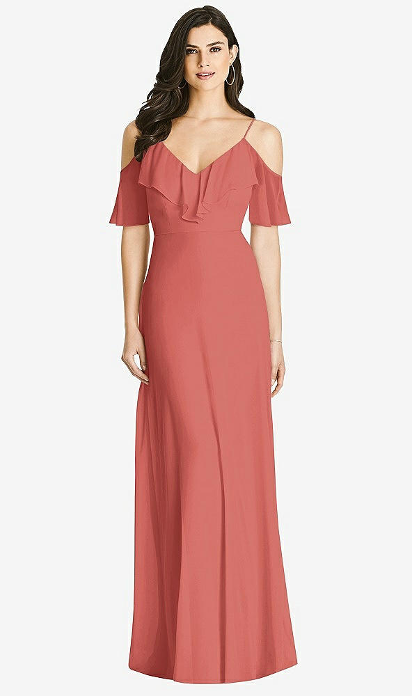 【STYLE: 3020】Ruffled Cold-Shoulder Chiffon Maxi Dress【COLOR: Coral Pink】