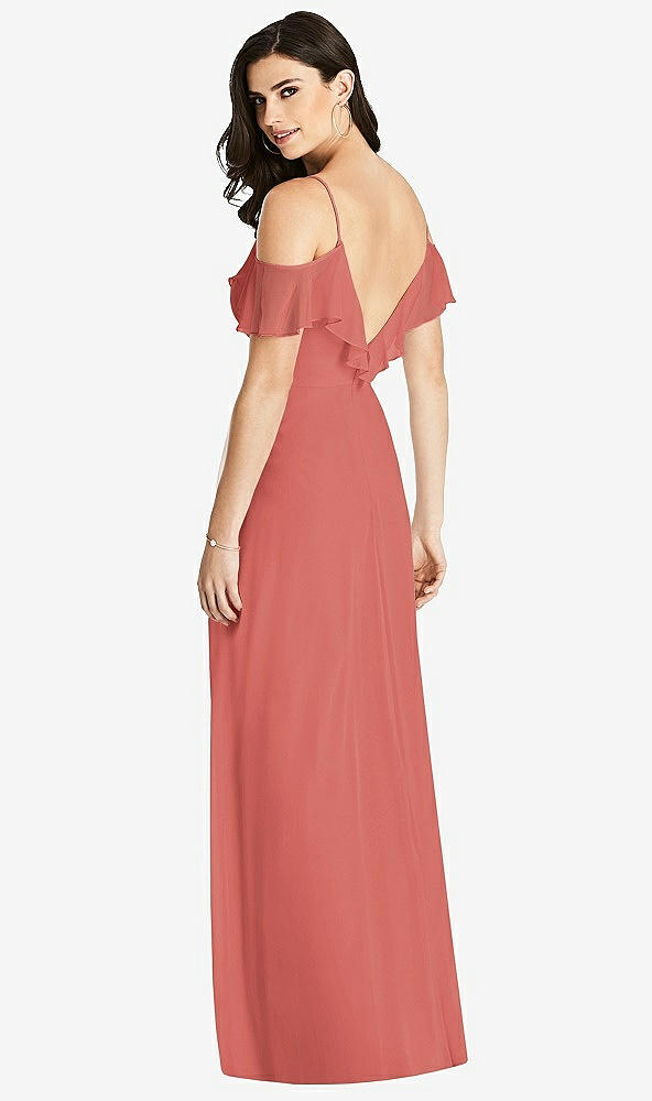 【STYLE: 3020】Ruffled Cold-Shoulder Chiffon Maxi Dress【COLOR: Coral Pink】