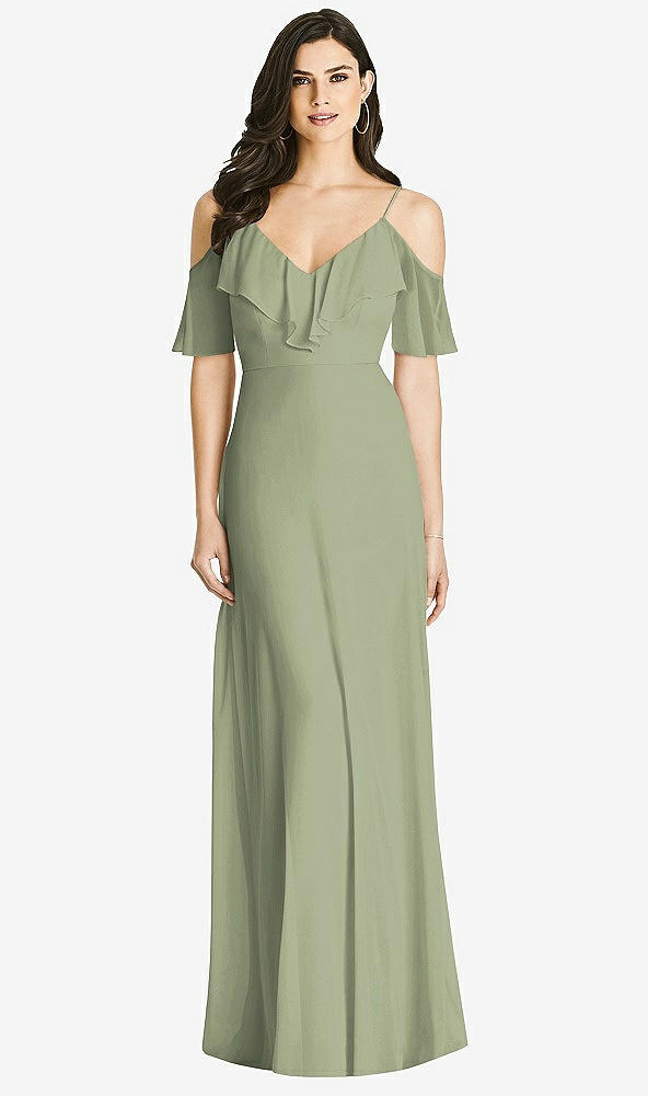 【STYLE: 3020】Ruffled Cold-Shoulder Chiffon Maxi Dress【COLOR: Sage】