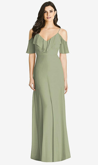【STYLE: 3020】Ruffled Cold-Shoulder Chiffon Maxi Dress【COLOR: Sage】