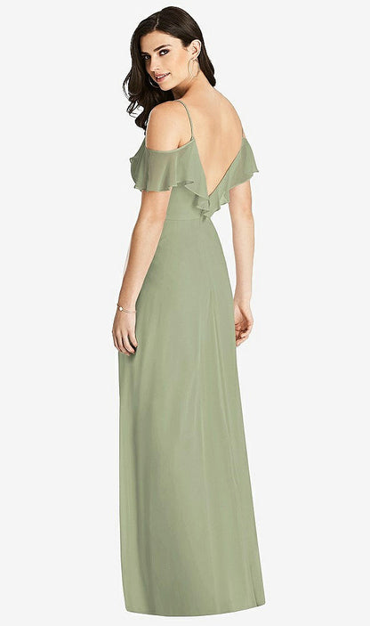 【STYLE: 3020】Ruffled Cold-Shoulder Chiffon Maxi Dress【COLOR: Sage】