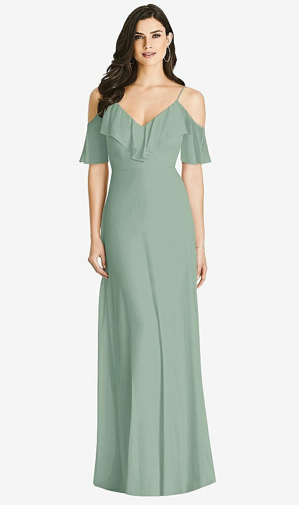 【STYLE: 3020】Ruffled Cold-Shoulder Chiffon Maxi Dress【COLOR: Seagrass】