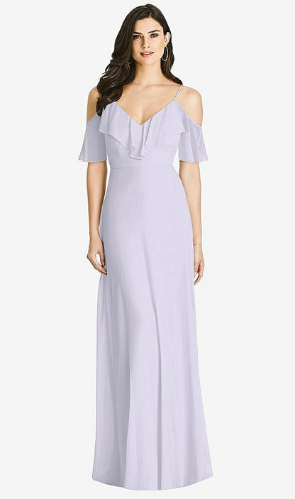 【STYLE: 3020】Ruffled Cold-Shoulder Chiffon Maxi Dress【COLOR: Silver Dove】