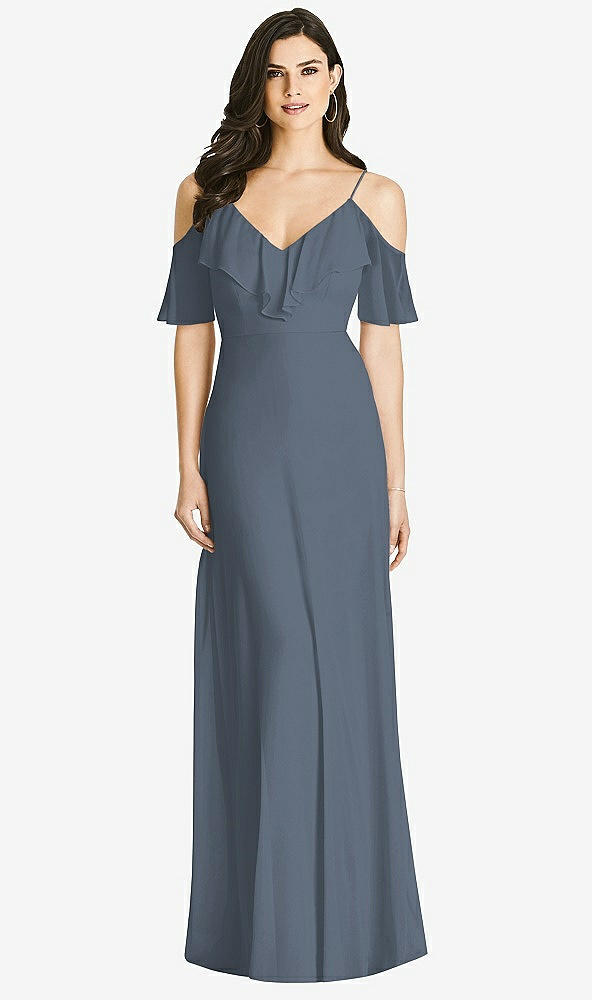 【STYLE: 3020】Ruffled Cold-Shoulder Chiffon Maxi Dress【COLOR: Silverstone】