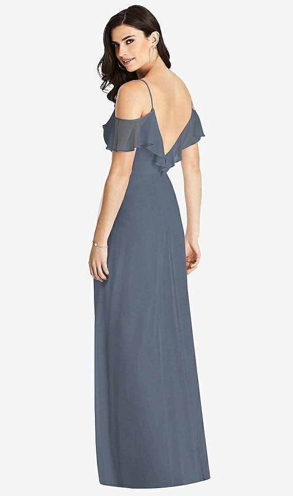 【STYLE: 3020】Ruffled Cold-Shoulder Chiffon Maxi Dress【COLOR: Silverstone】