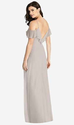【STYLE: 3020】Ruffled Cold-Shoulder Chiffon Maxi Dress【COLOR: Taupe】