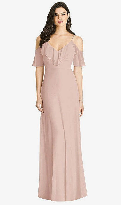 【STYLE: 3020】Ruffled Cold-Shoulder Chiffon Maxi Dress【COLOR: Toasted Sugar】