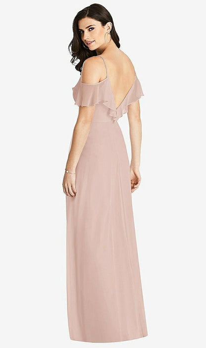 【STYLE: 3020】Ruffled Cold-Shoulder Chiffon Maxi Dress【COLOR: Toasted Sugar】