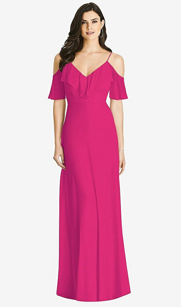 【STYLE: 3020】Ruffled Cold-Shoulder Chiffon Maxi Dress【COLOR: Think Pink】