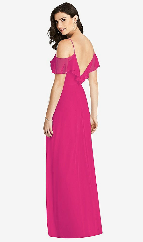 【STYLE: 3020】Ruffled Cold-Shoulder Chiffon Maxi Dress【COLOR: Think Pink】