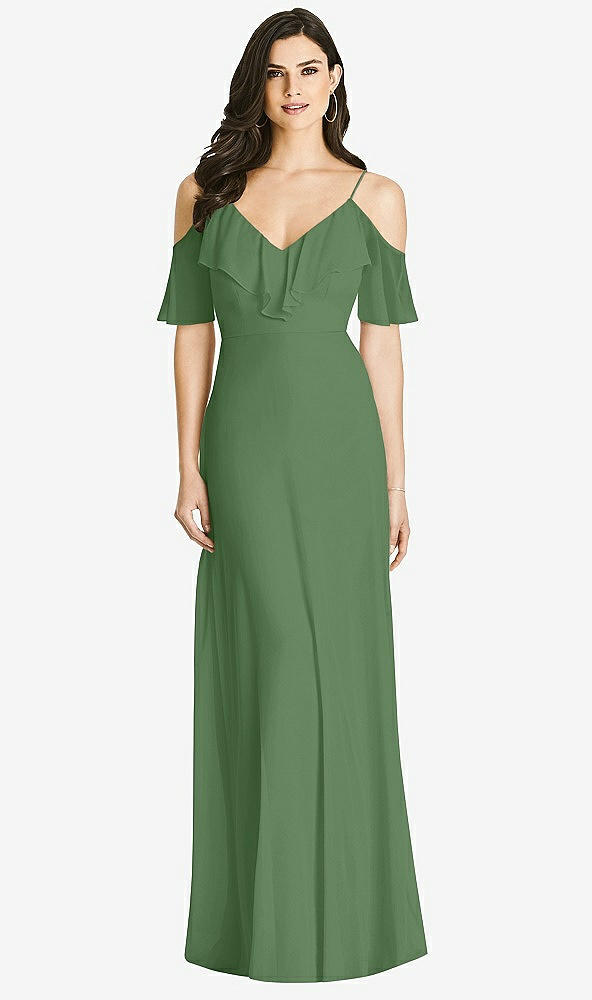 【STYLE: 3020】Ruffled Cold-Shoulder Chiffon Maxi Dress【COLOR: Vineyard Green】