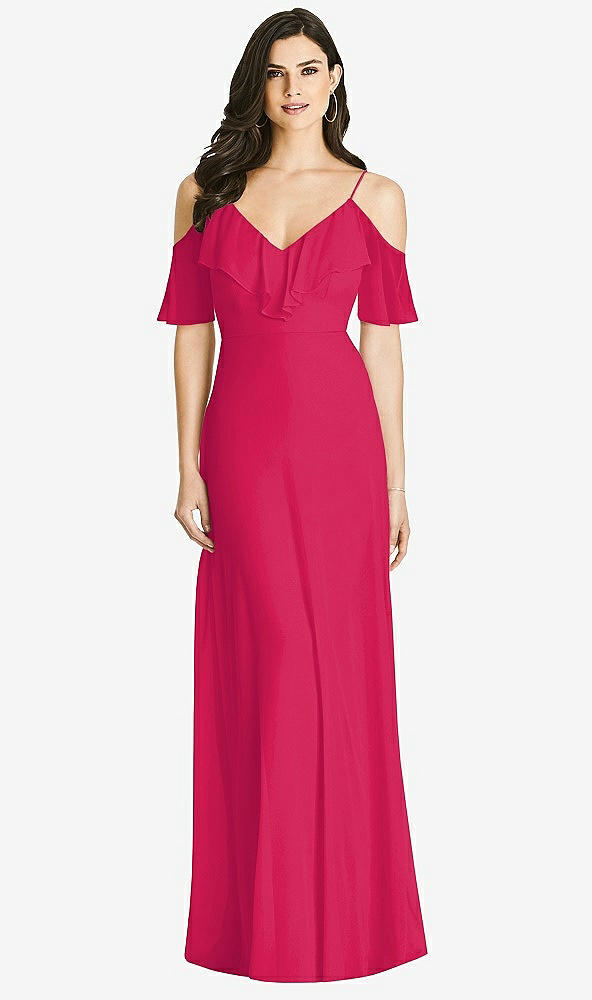 【STYLE: 3020】Ruffled Cold-Shoulder Chiffon Maxi Dress【COLOR: Vivid Pink】