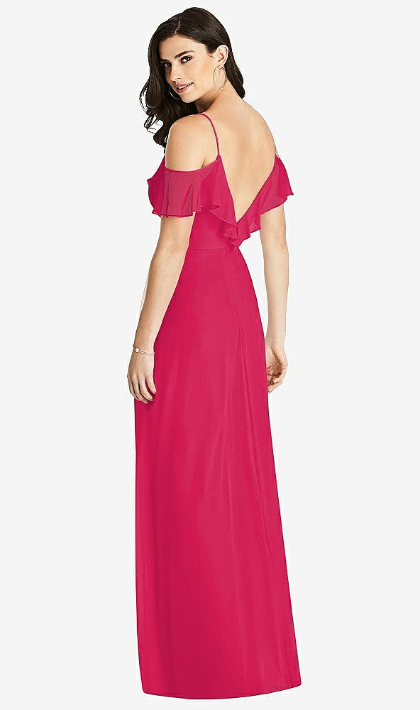 【STYLE: 3020】Ruffled Cold-Shoulder Chiffon Maxi Dress【COLOR: Vivid Pink】