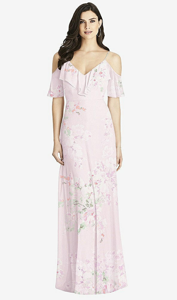 【STYLE: 3020】Ruffled Cold-Shoulder Chiffon Maxi Dress【COLOR: Watercolor Print】