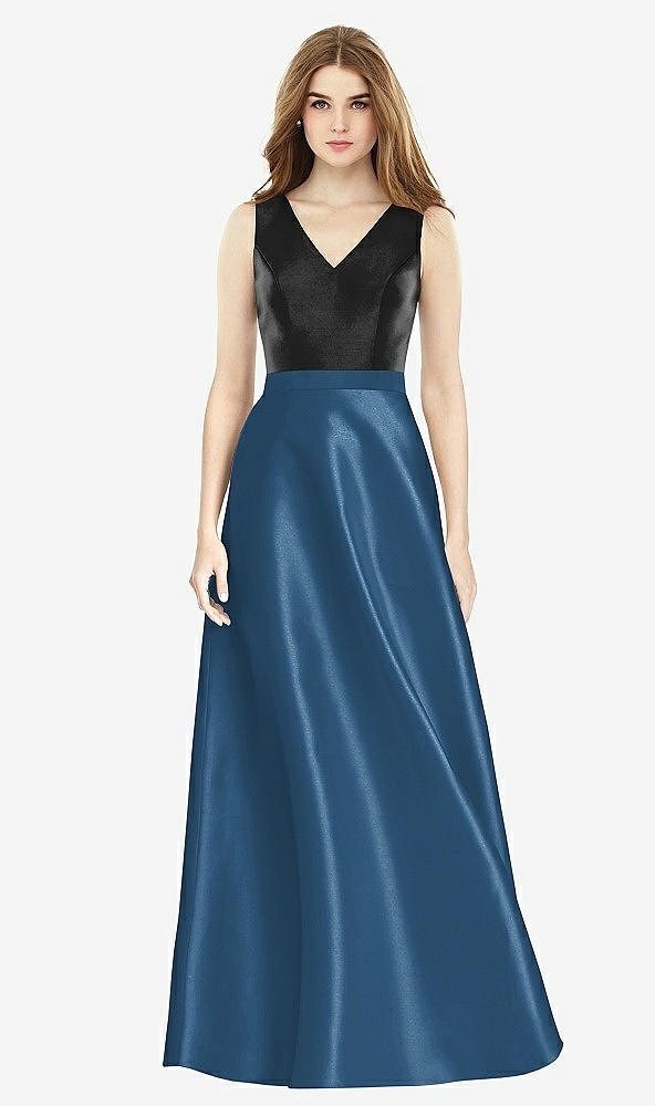【STYLE: D754】Sleeveless A-Line Satin Dress with Pockets【COLOR: Dusk Blue &amp; Black】