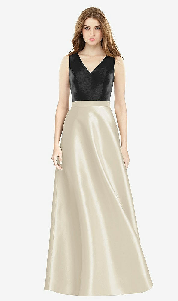 【STYLE: D754】Sleeveless A-Line Satin Dress with Pockets【COLOR: Champagne &amp; Black】