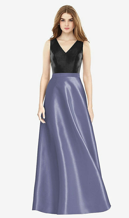 【STYLE: D754】Sleeveless A-Line Satin Dress with Pockets【COLOR: French Blue &amp; Black】