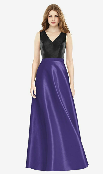 【STYLE: D754】Sleeveless A-Line Satin Dress with Pockets【COLOR: Grape &amp; Black】