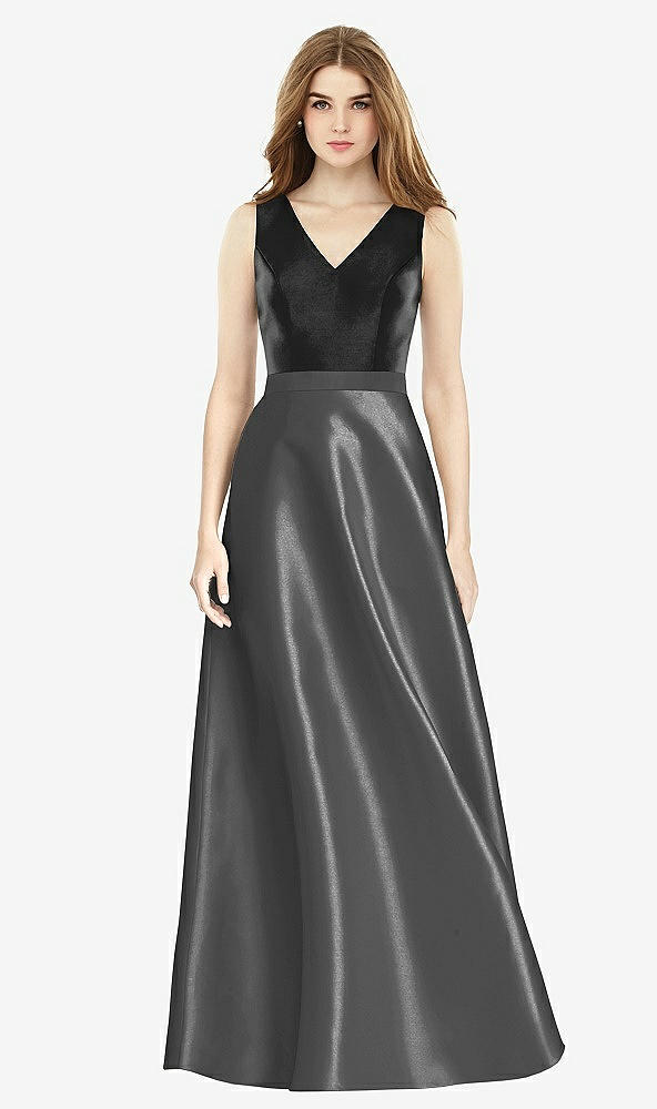 【STYLE: D754】Sleeveless A-Line Satin Dress with Pockets【COLOR: Pewter &amp; Black】