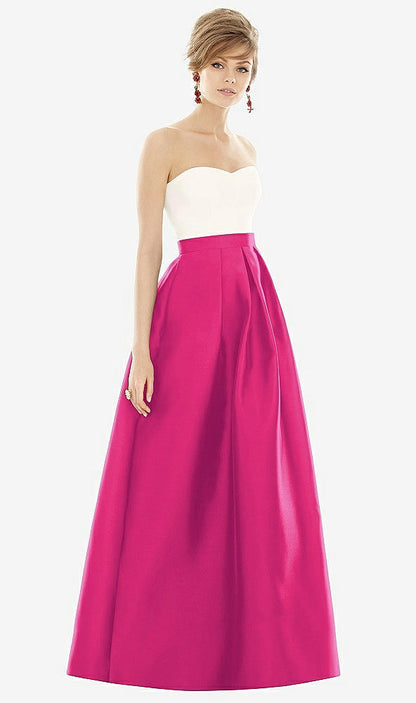 【STYLE: D755】Strapless Pleated Skirt Maxi Dress with Pockets【COLOR: Think Pink &amp; Ivory】
