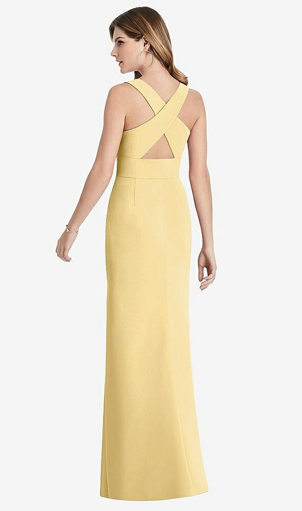 【STYLE: 1513】Criss Cross Back Trumpet Gown with Front Slit【COLOR: Buttercup】